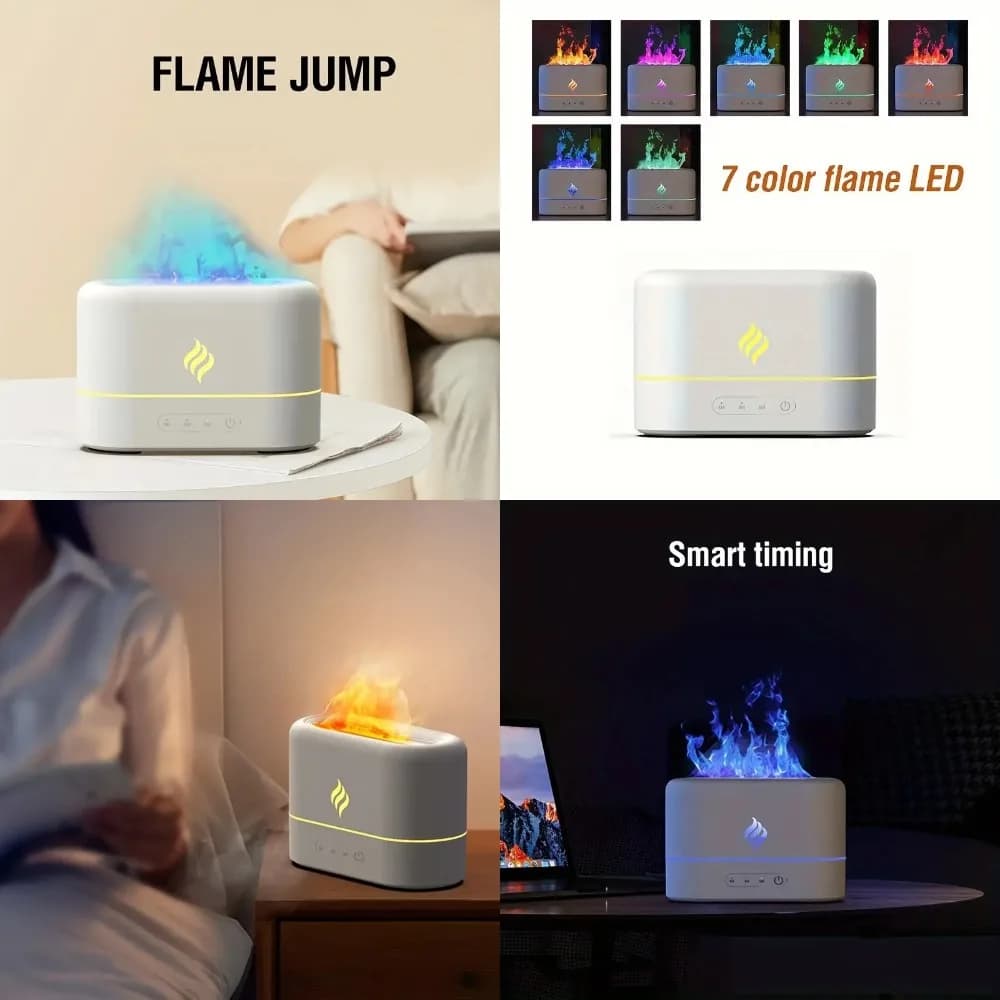 Umidificatore ad ultrasuoni con simulatore di fiamma a 7 colori da 1 pz con aromaterapia, luce a LED, diffusore di oli essenziali alimentato tramite USB per camera da letto,