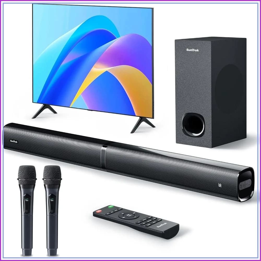 Soundbar with Subwoofer for TV, Home Theater Bluetooth 5.3 Speaker System with 2 Wireless Karaoke Mics, Surround Sound Audio with HDMI ARC, Optical, AUX, USB (Peak 240W)