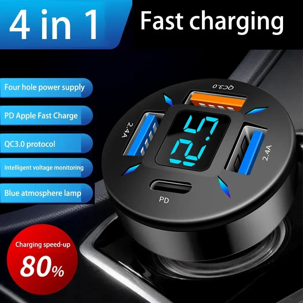 Caricabatteria per auto 4USB Accendino Voltmetro LED digitale 12V/24V Monitoraggio della tensione con display digitale
