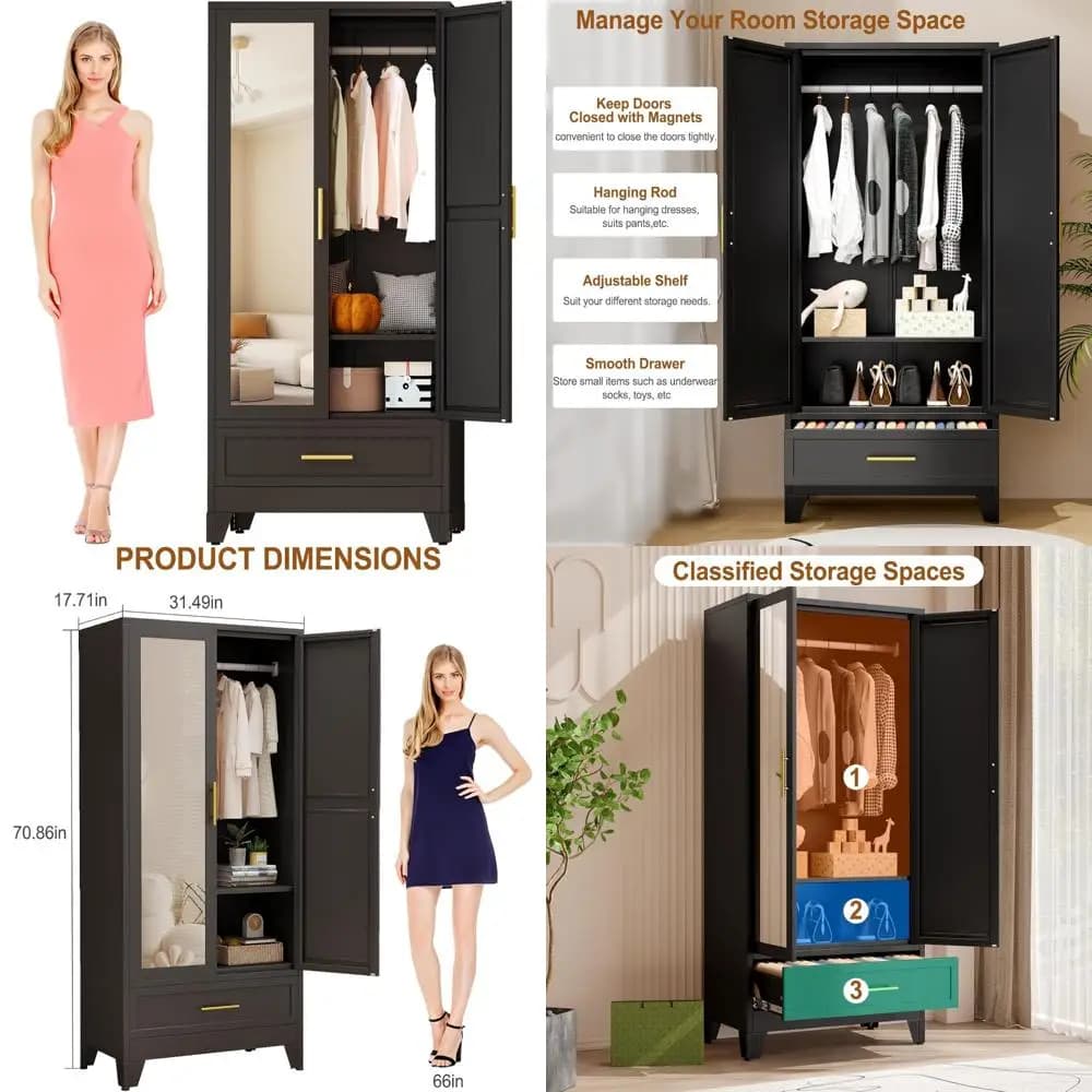 Metal wardrobe cabinet with mirror and adjustable shelves, 71 inch organizer for clothes