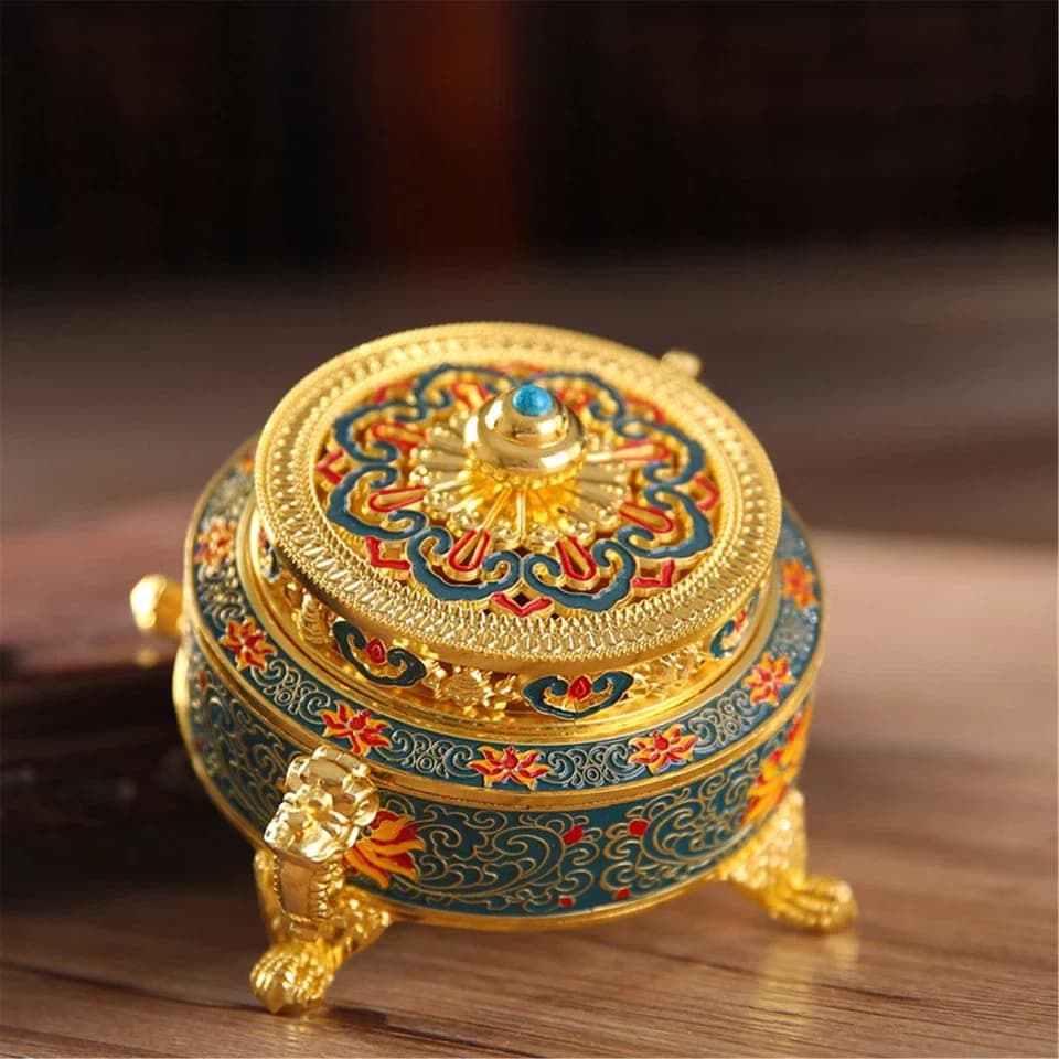 Porta bruciatore di incenso tibetano dorato per bobine di coni bastoncini, decorazione di loto in metallo