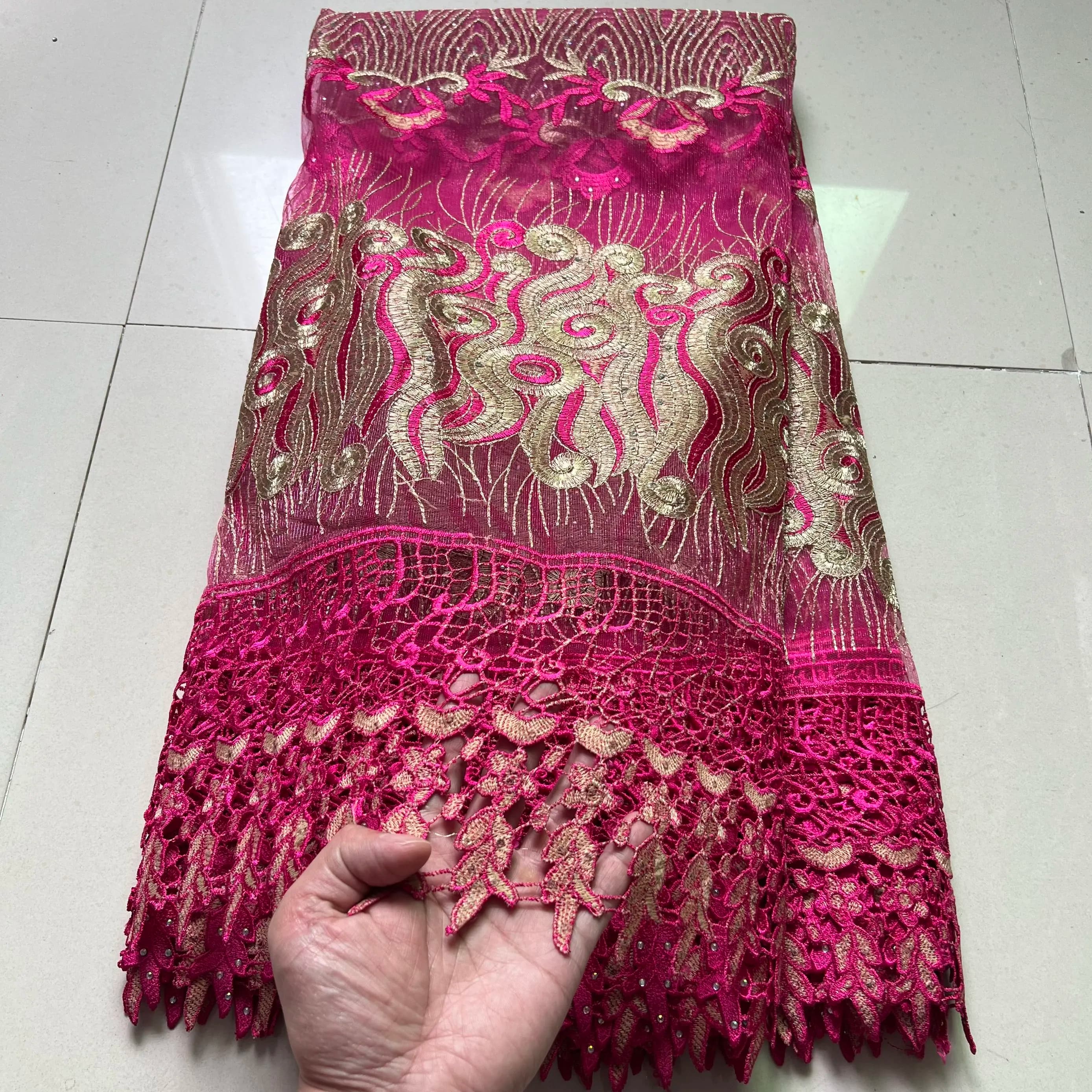 African Nigerian Latest 2025 Guipure Embroidery Sequins Tulle Lace Fabric High Quality for Sewing Dresses 5Yards ZJ050