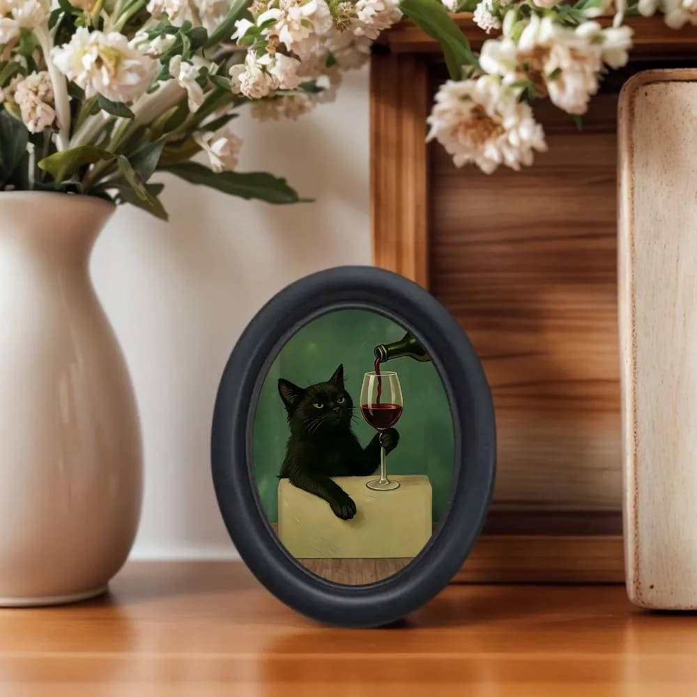 1 Piece of Wall Decoration with a Black Cat Slightly Abbered Drinking Red Wine, a Funny Framed Decorative Painting, Mini Painted by Hanging in Wood, a Black Cat Pigro sipping Red Wine, Unique Home and Kitchen Decoration, a Fun Gift, a Must-Have for Cat Lovers