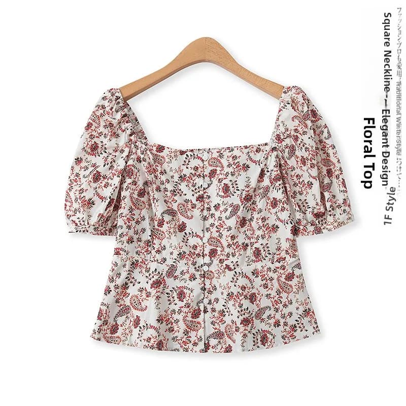 Floral Print Blouse Summer New Style Women's Anti-Aging Single Button Slimming Bubble Sleeve Top One-Shoulder Design Short Sl...