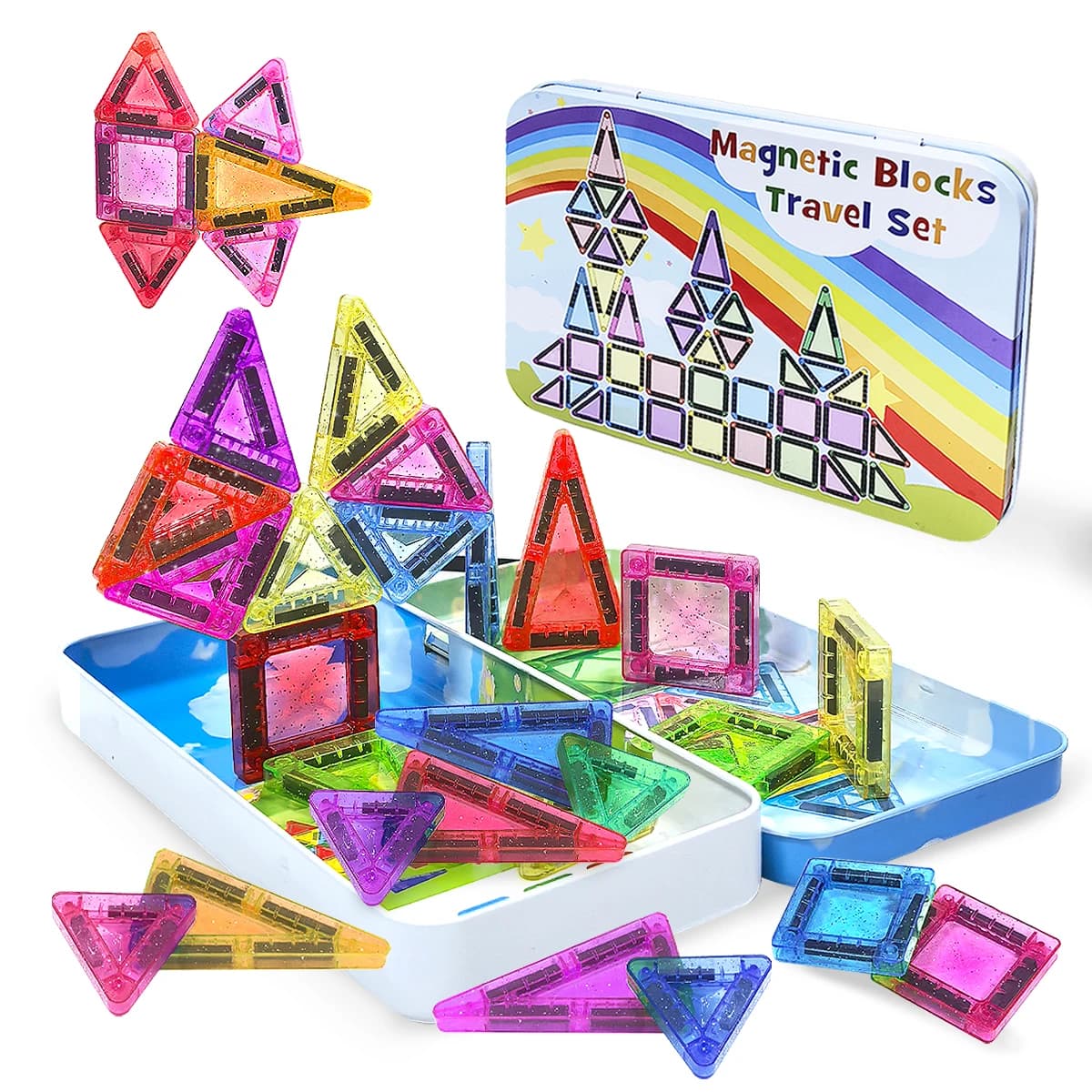 Glitter Magnetic Tile Toy with Box Easy Portability Magnetic Building Block Gift Can Be Played with Anywhere, Convenient Storage