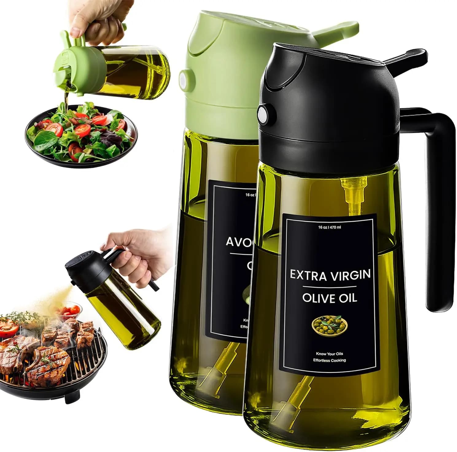 - 16oz/470ml Olive Oil Dispenser for Kitchen with Stickers - 2 in 1 Olive Oil Sprayer for Cooking, Air Fryer, and Salad, Black&Green (Light-Proof Kitchen Gadget)