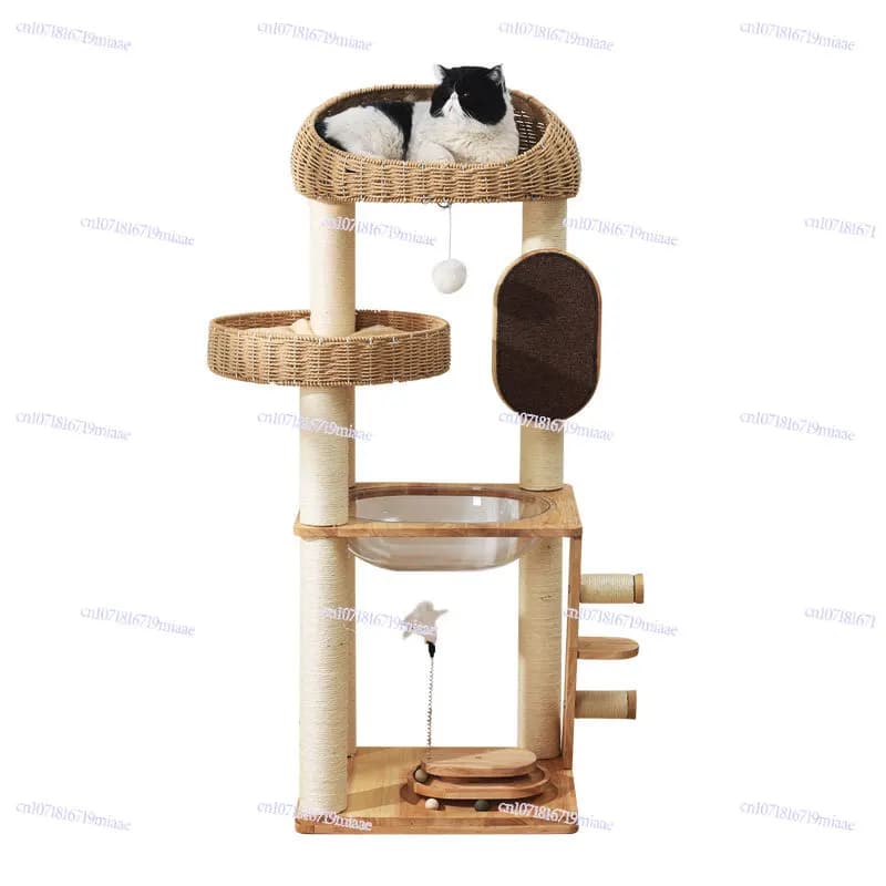 Struttura per arrampicata su gatti in legno massello, albero nido, capsula spaziale cilindrica in sisal giapponese integrata, grande ripiano