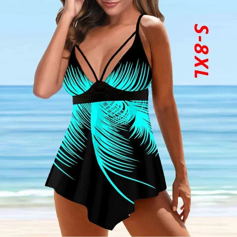 Plus Size 8XL Women Split Swimsuit Summer Two Piece Strip Printed Tankini Beach Swimwear Bathing Suit Padded Swimdress