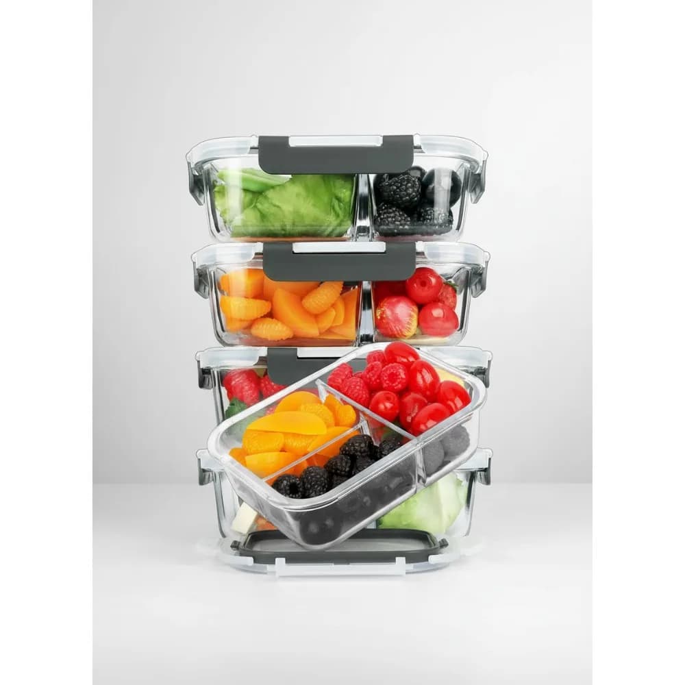 Contenitori per la preparazione dei pasti in vetro da 5 pezzi da 36 once con coperchi, Bento Box a 3 scomparti per un'alimentazione sana, adatti al microonde e al lavastoviglie