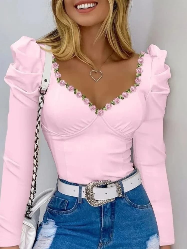 T-shirt pullover da donna con scollo a V Abiti slim fit Manica lunga da donna Manica lunga in pizzo Top Decorazione in tessuto Tinta unita Bolla