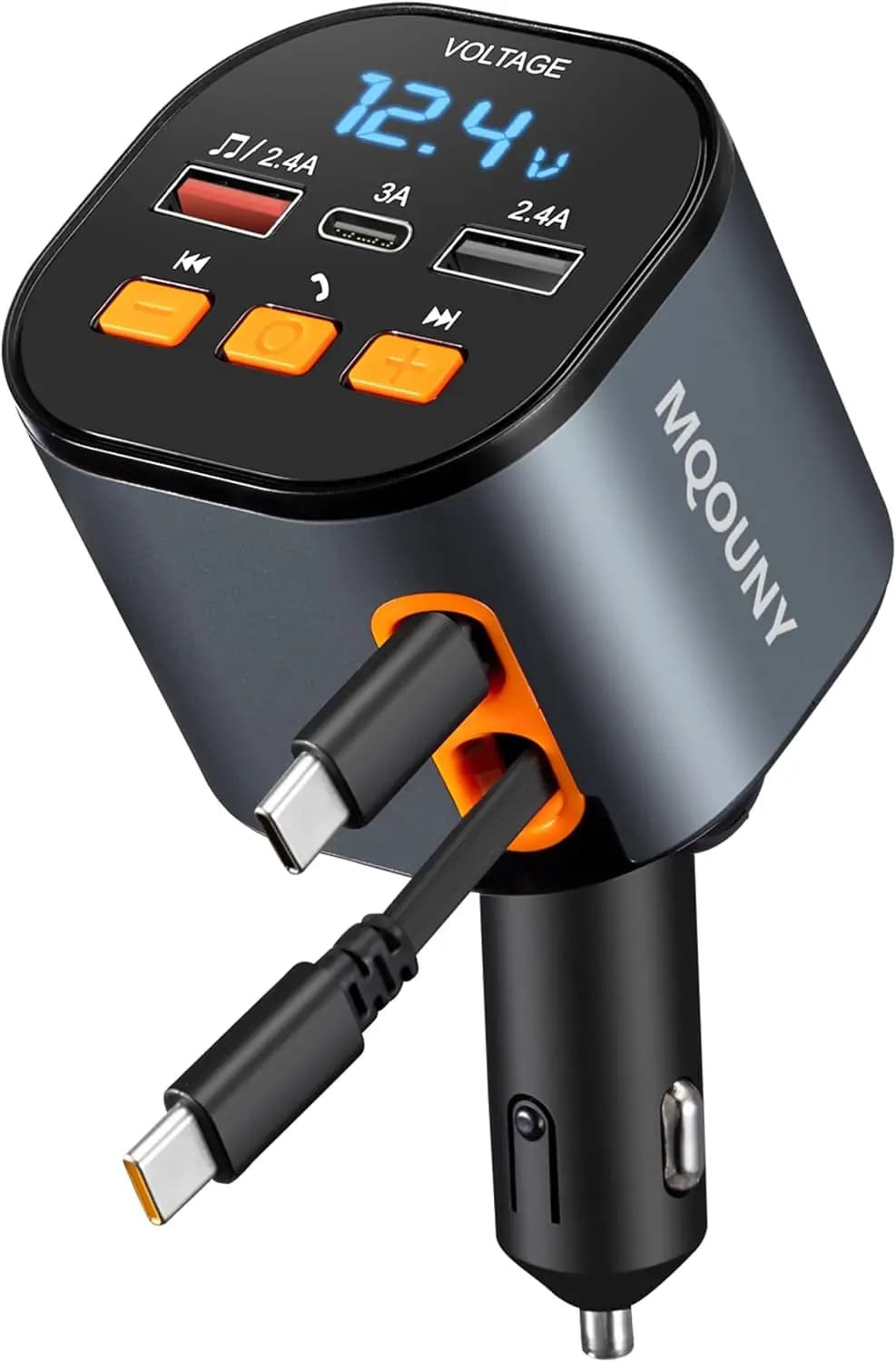 Car Charger,5 in 1 Fast Car Phone Charger 90W,Bluetooth 5.3 FM Transmitter Adapter,Handsfree Call,2 Retractable USB-C Cables and USB Cars Chargers for iPhone 16/15/14/13/12/11,Galaxy,Pixel