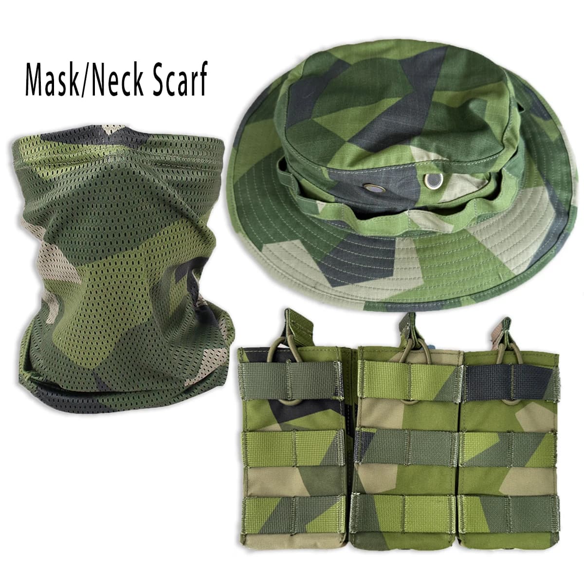 Cappello da pescatore mimetico M90 svedese personalizzato - equipaggiamento tattico: copricasco/triplo porta caricatori/borsa porta caricatore/sciarpa fai da te