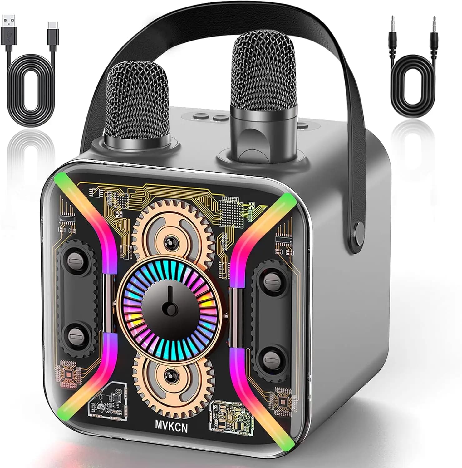 Macchina per Karaoke con Due Microfoni Wireless, Altoparlante Bluetooth, Luci LED, Microfono con Bassi Stabili in Argento