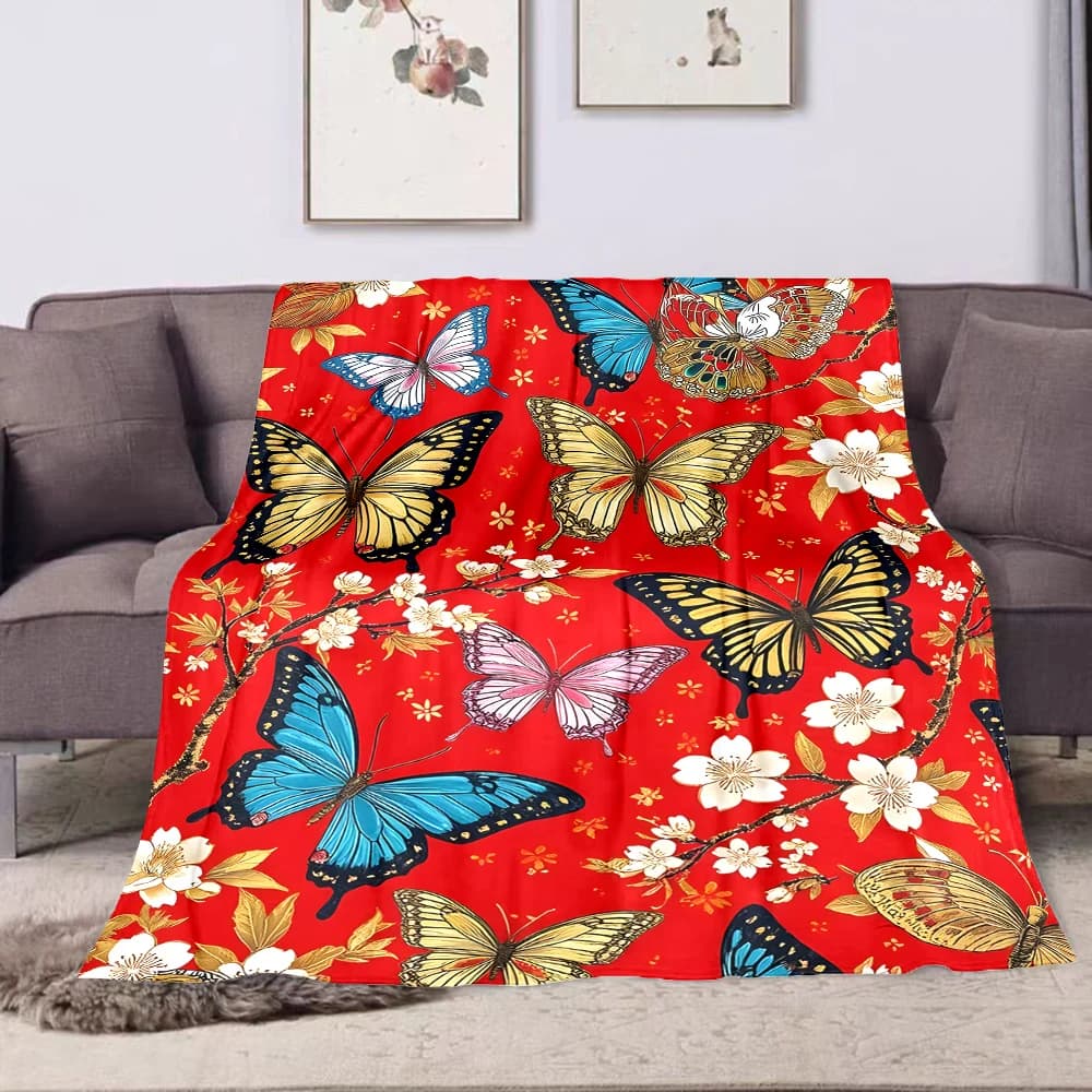 1 coperta stampata con farfalle e fiori di ciliegio, coperta multiuso per tutte le stagioni, adatta per divano, campeggio, viaggi, auto