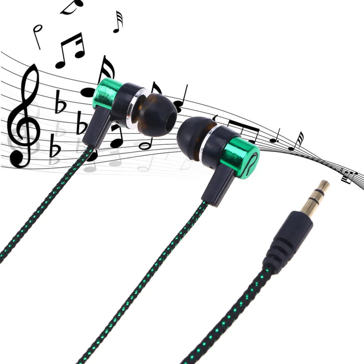 In-ear earphones with powerful bass, green, with 3.5 mm connector, noise cancellation, stereo audio, compatible with various devices