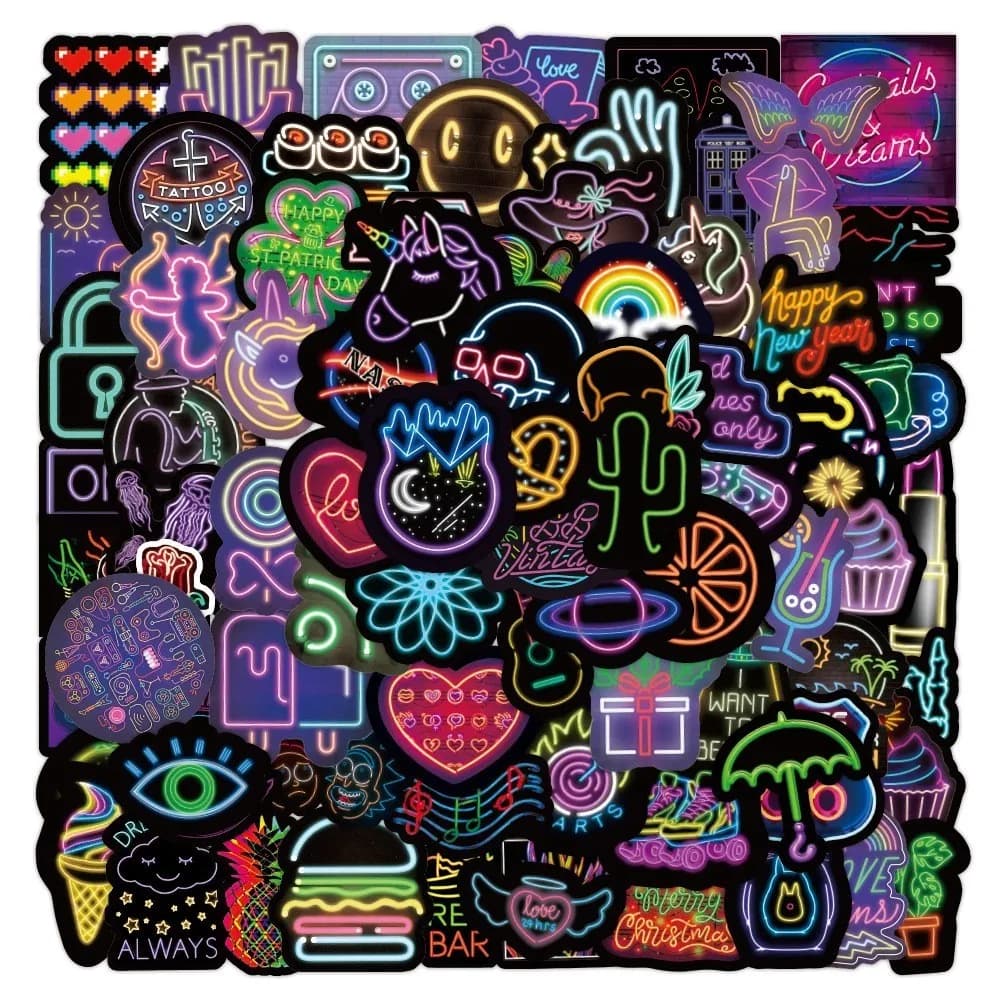 100PCS Neon Light Waterproof Stickers Decals for Party Decoration DIY Laptop Guitar Luggage Phone Golden Memory Stickers Store