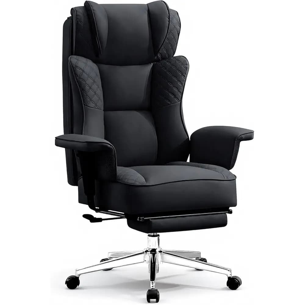 Ergonomic High-Back Leather Reclining Office Chair with Footrest, Lumbar Support, Wide Seat for 400lbs (Black)