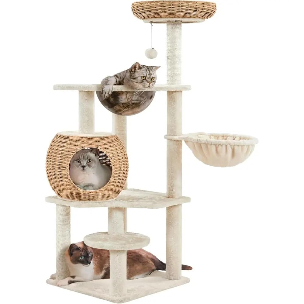 Albero per gatti in rattan da 54 pollici, torre moderna con condominio in tessuto traspirante, tiragraffi e cuscini lavabili, naturalmente fresco in estate,