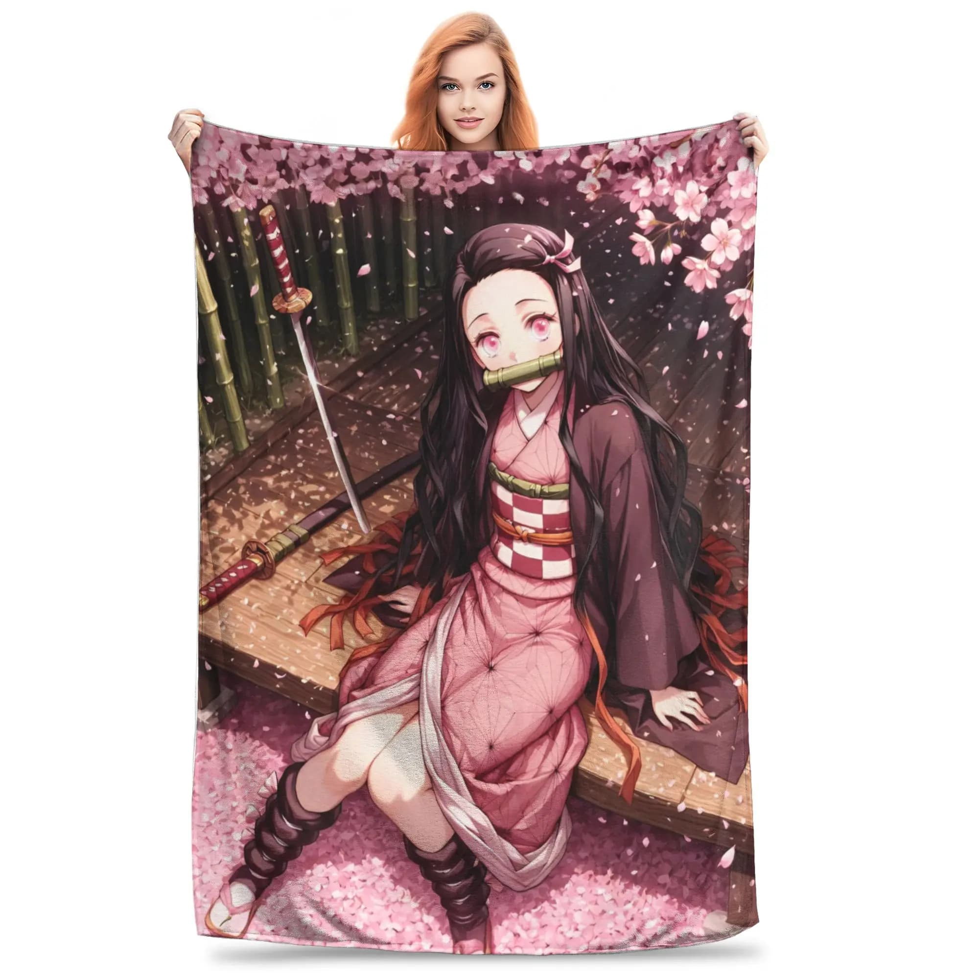Demon Slayer Mitsuri Kanroji Coperta di flanella Primavera/Autunno Multi-funzione Super calda Coperte da tiro Divano Biancheria da letto da viaggio