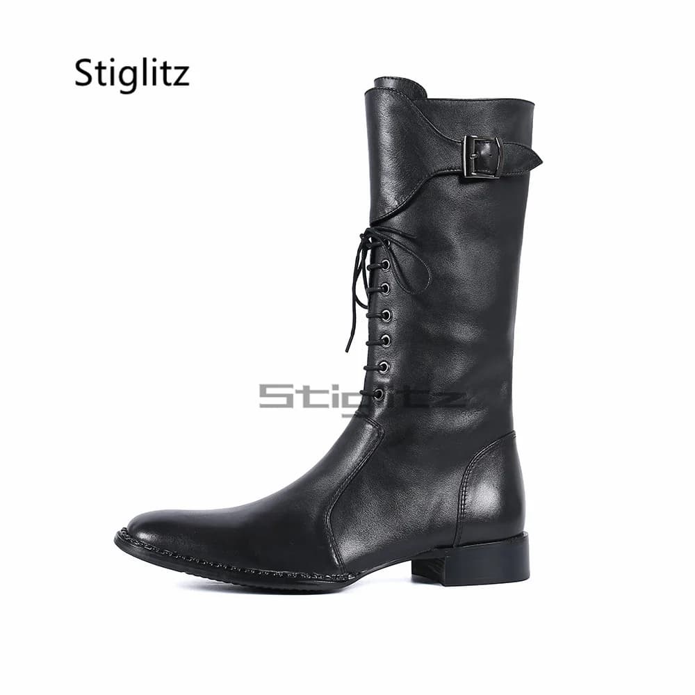 Stivali da equitazione stringati da uomo Stivali da moto lunghi con tacco basso in vera pelle nera Scarpe invernali da festa con fibbia stile britannico
