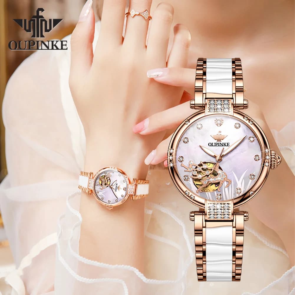 OUPINKE 3211 Automatic Mechanical Men's Watch Waterproof Luminous Stainless steel Ceramic Strap Women Wristwatch