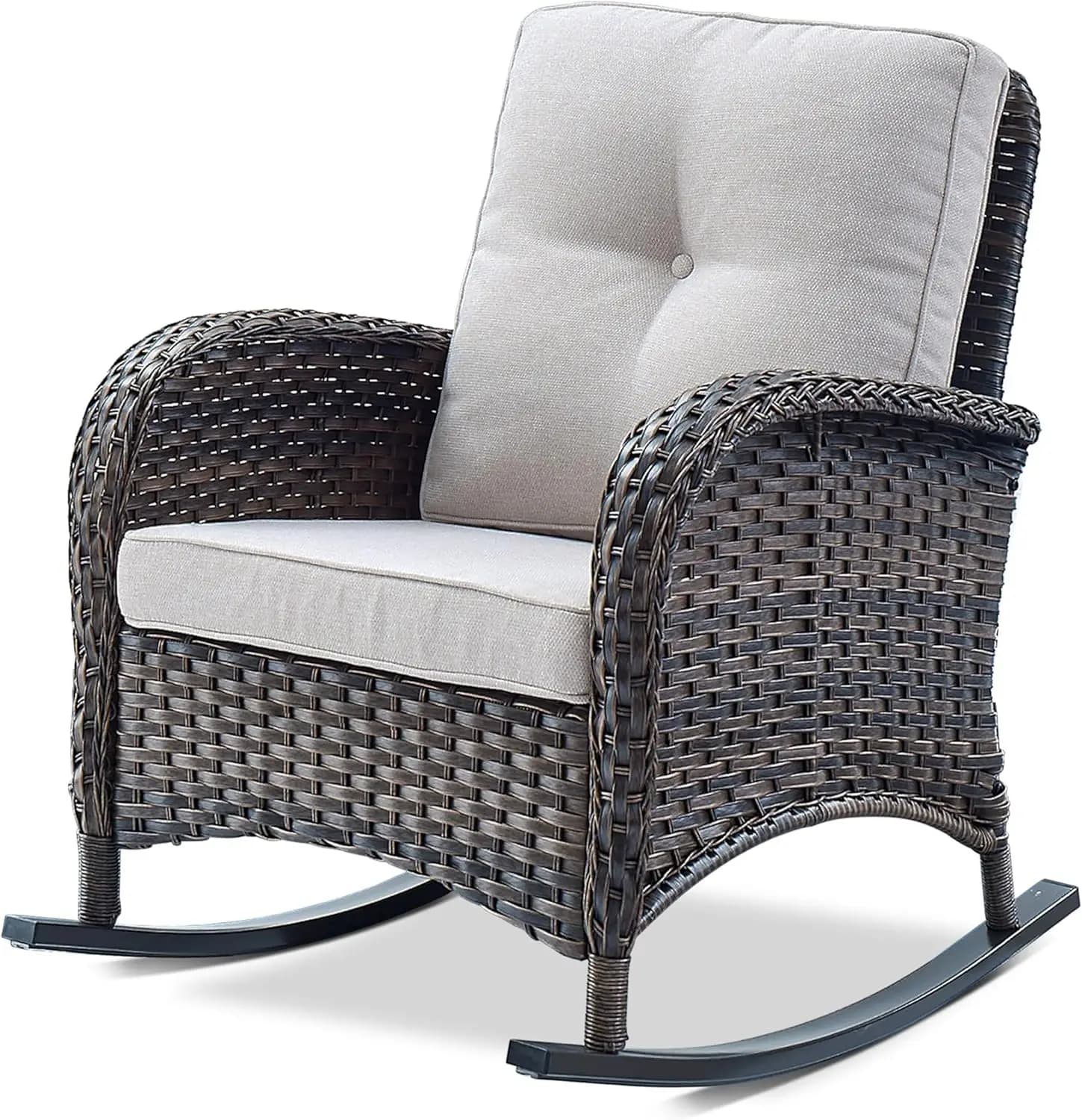 Outdoor Rocking Chair Wicker, 1 Piece with Cushions, Brown/Beige, for Porch, Deck, Balcony