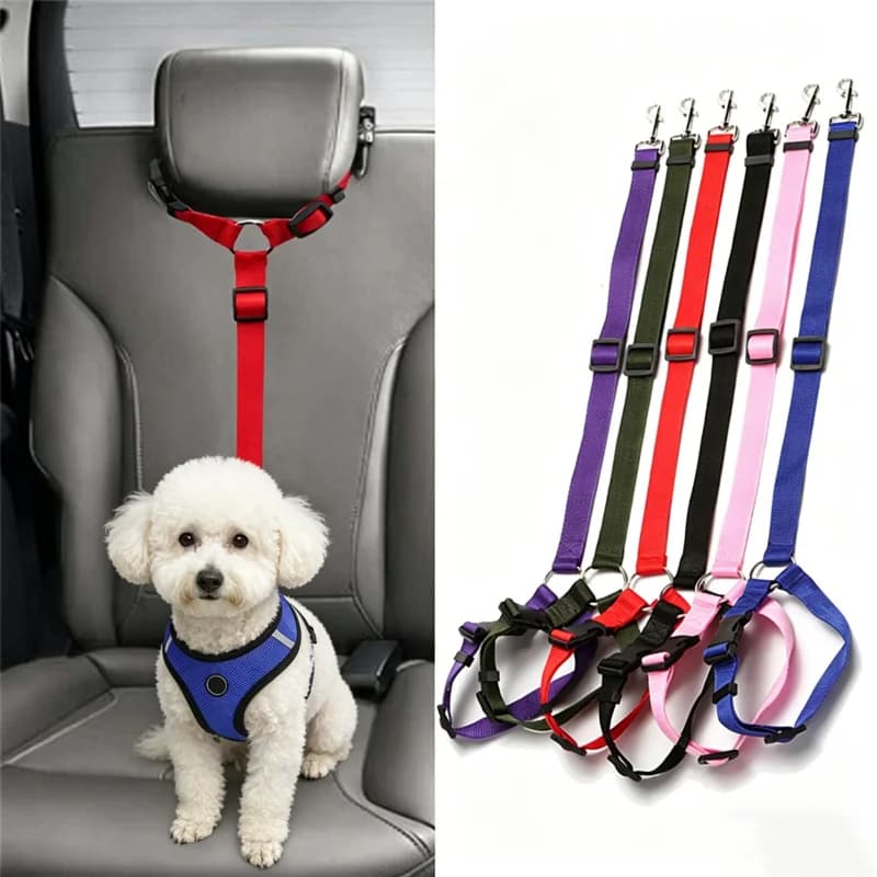 Cintura di sicurezza regolabile anti-fuga per animali domestici, guinzaglio di sicurezza per poggiatesta auto, corda di contenimento portatile per cani e gatti, per viaggi sicuri.