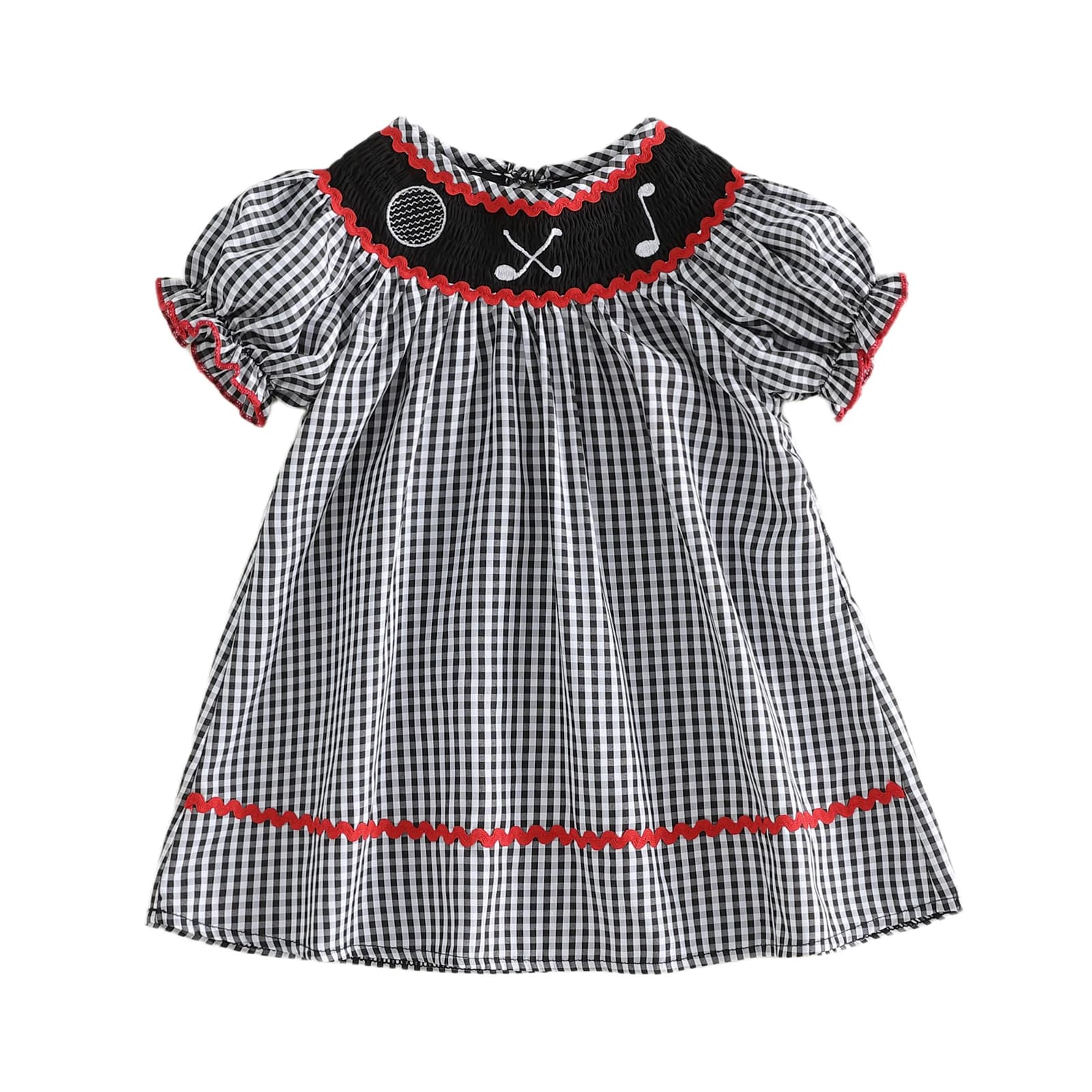 Abito a quadri per bambine, estivo, alla moda, con ricamo a tema golf, a maniche corte, modello A-line