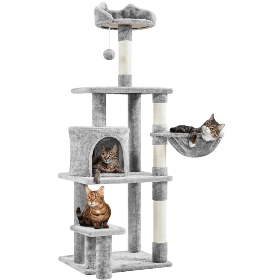 57″ Tall Multi Level Cat Tree with Basket and Condo and Scratching Post Light Gray