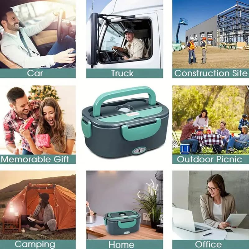 100W Electric Heating Lunch Box, 1.5L Stainless Steel Portable Food Warmer with Insulated Carry Bag, Fork Spoon & Fruit Container, Dual Use for Car Truck Home Office