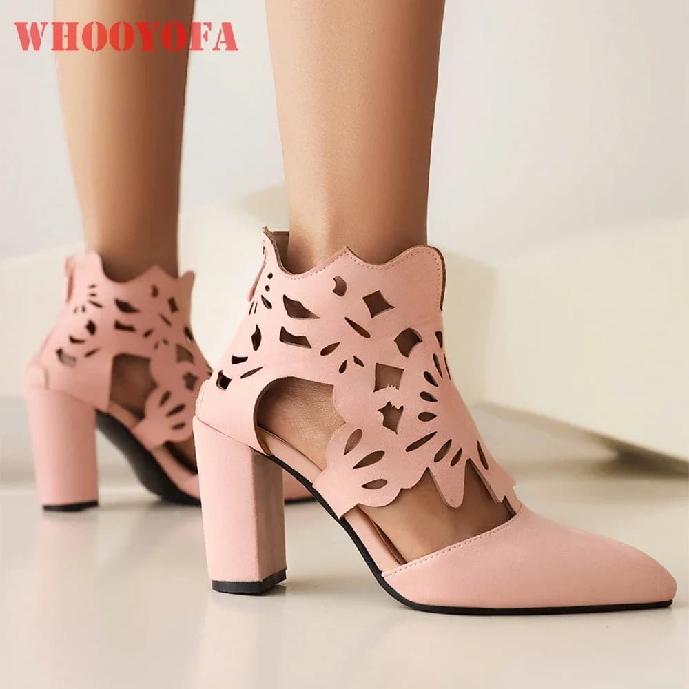 Nuovi Sandali Estivi da Donna Rosa e Neri, Scarpe Eleganti con Tacco Alto a Punta Traforata, Taglie Grandi 43 45 48