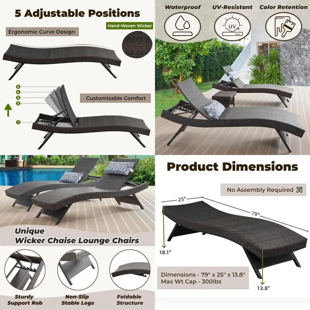 Set di 2 sedie reclinabili lunghe 79'' con cuscini, sedia a sdraio regolabile per patio, sedia a sdraio da esterno in vimini, sedia a sdraio in rattan PE