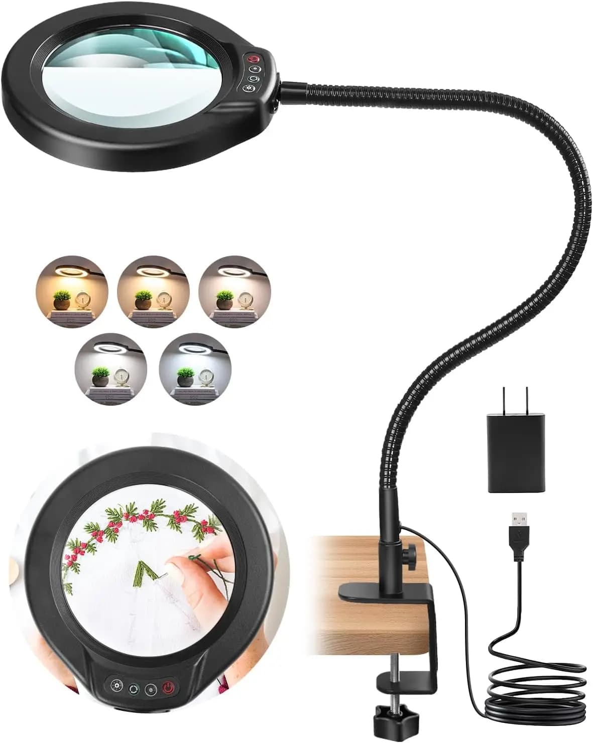 Lampada da Tavolo con Lente d'Ingrandimento da 5 Pollici, Luce, Morsetto e Supporto - Mani Libere per Lavori Artigianali, Gioielleria