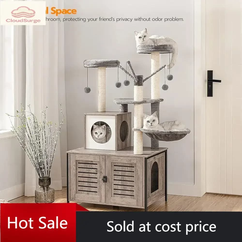 Promozione a tempo limitato: Albero per gatti in legno all-in-one con box per lettiera, 27.6 L x 18.9 W x 52 H, per interni