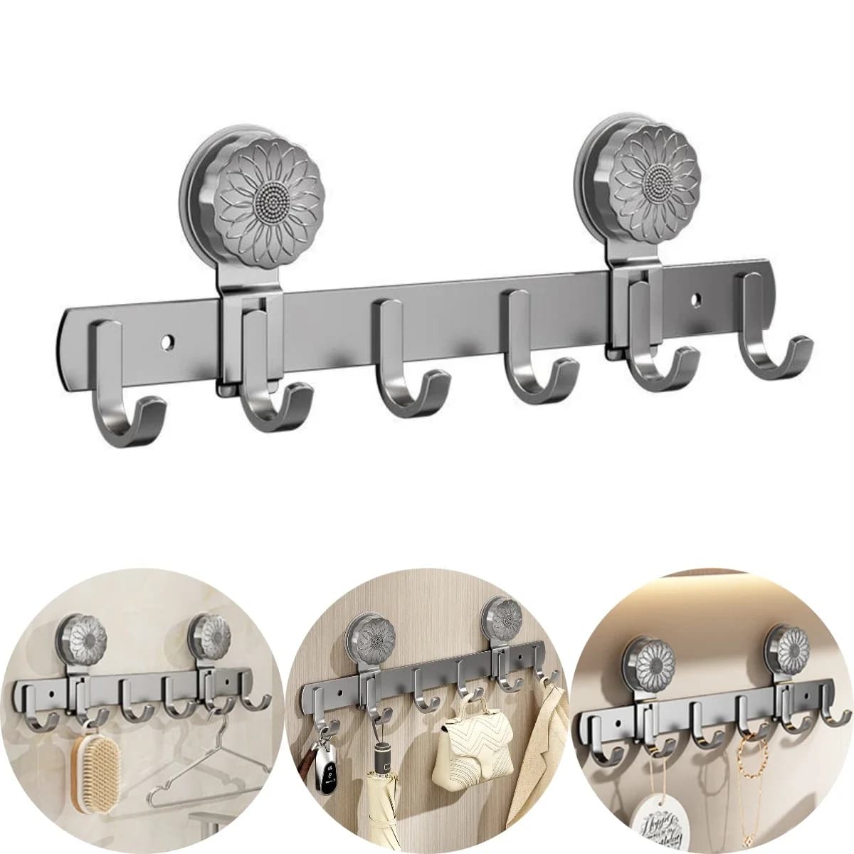 Porta asciugamani da parete con 6 ganci e ventosa, struttura in acciaio al carbonio per un facile spazio di archiviazione, per cucina, bagno o camera da letto