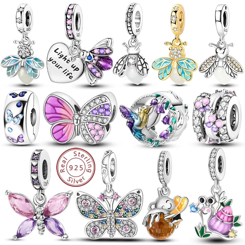 Ciondolo con perline in argento sterling 925 originale, lucciola, farfalla, ape, libellula, adatto per braccialetti, collane, gioielli da donna