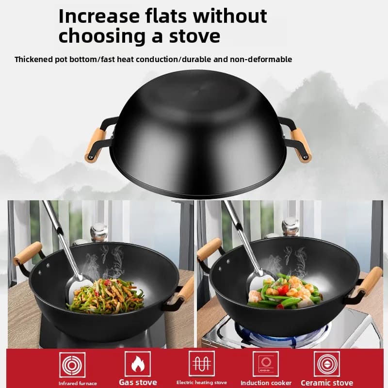 Thickened double ear iron pan frying pan, household deep stew pan, flat bottomed non stick pan, induction cooker frying pan