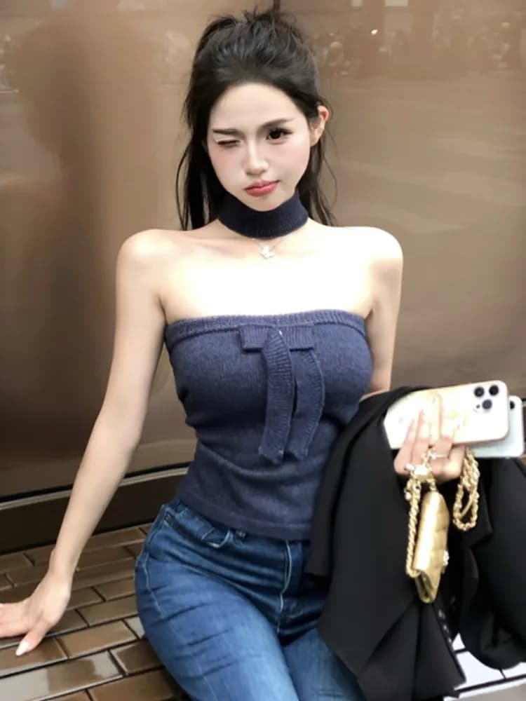 Pure Desire Sexy Girl Knot Slim Fit Shoulder Bared Design Tube Top Vest Women's Autumn Winter Knitted Underwear Top