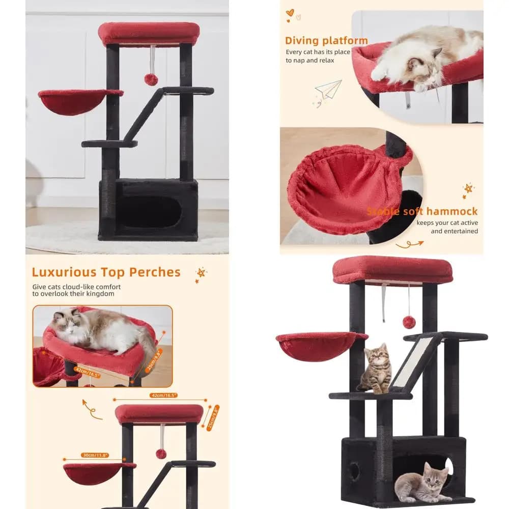38,5 Albero per gatti da interno condominio Deluxe, cestini e perca regolabili, nero/rosso MS029SBR