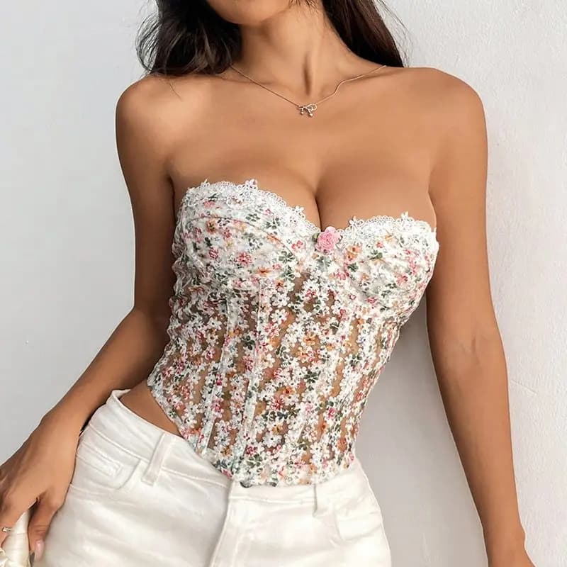 Nuovo Top a Tubino Trasparente da Donna Elsa con Ricamo Floreale, Anello in Acciaio, Effetto Modellante e Arricciatura a Lisca di Pesce - Sexy e di Tendenza