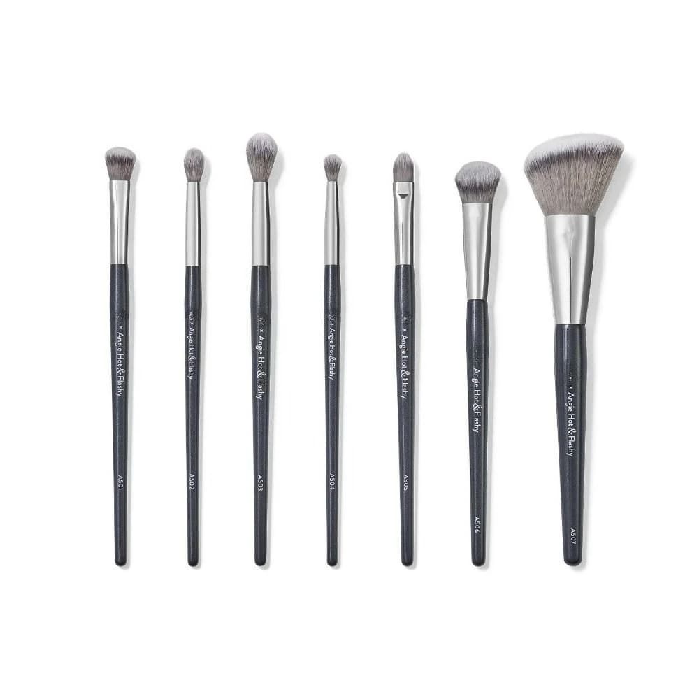 Set di Pennelli per Trucco Angie Hot & Flashy (7 Pezzi), Kit di Pennelli Cosmetici per Contorno Viso, per Bronzer Liquido, Crema, Blush e Illuminante