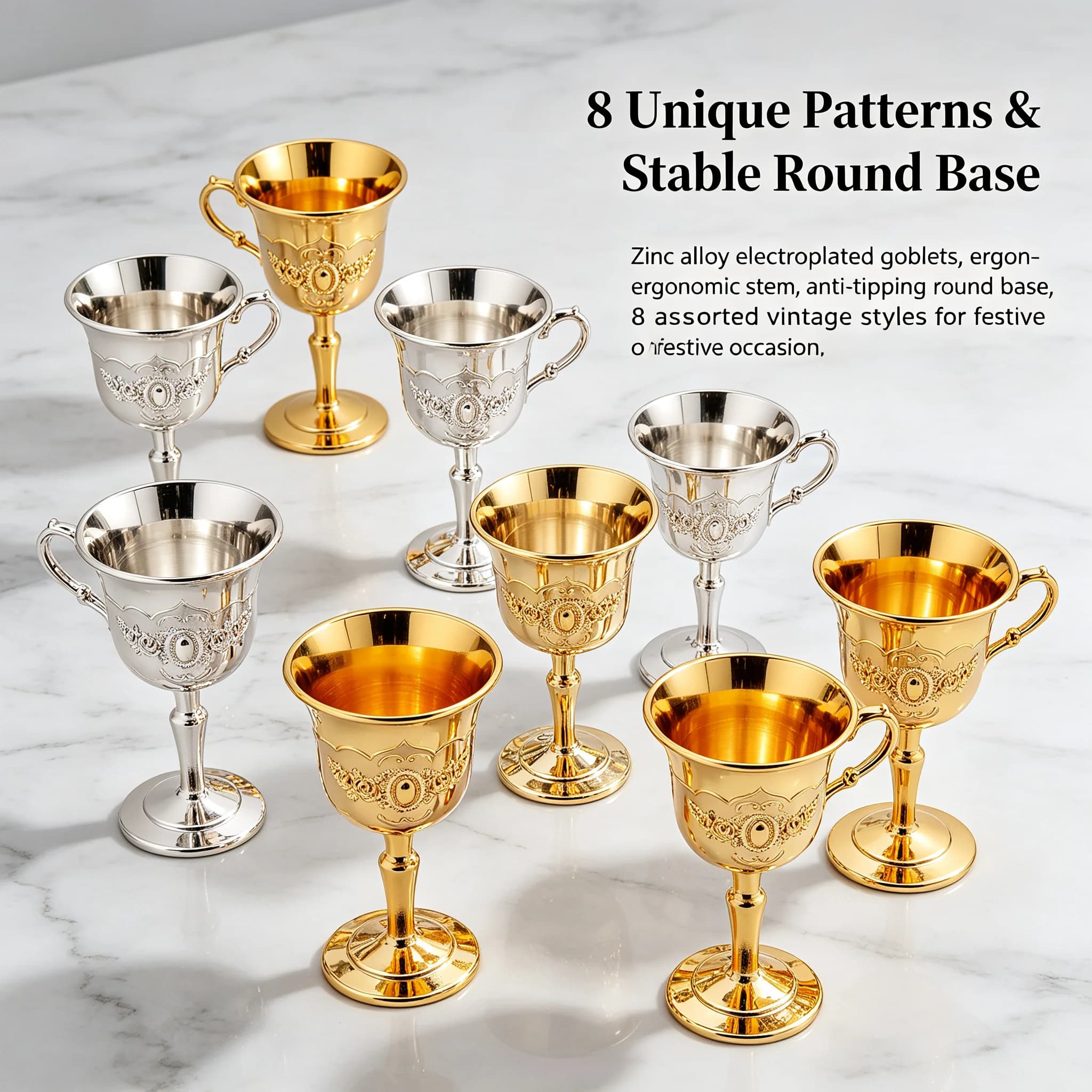 Zinc Alloy Goblet Set of 8, European Retro Wine Glasses with Ergonomic Handle, Elegant Drinkware for Water, Juice, Beer, Cocktails, Home Bar & Party Use