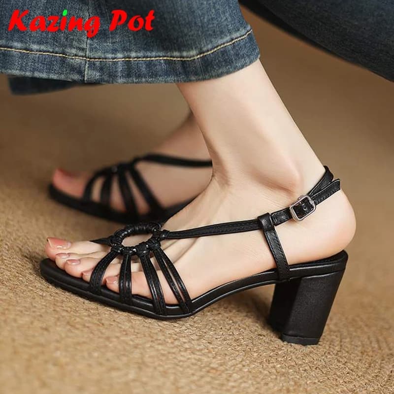 Krazing Pot New Sheep Skin Peep Toe Summer Shoes Circle Buckle Thick High Heels Classics Black Color Fashion Brand Women Sandals