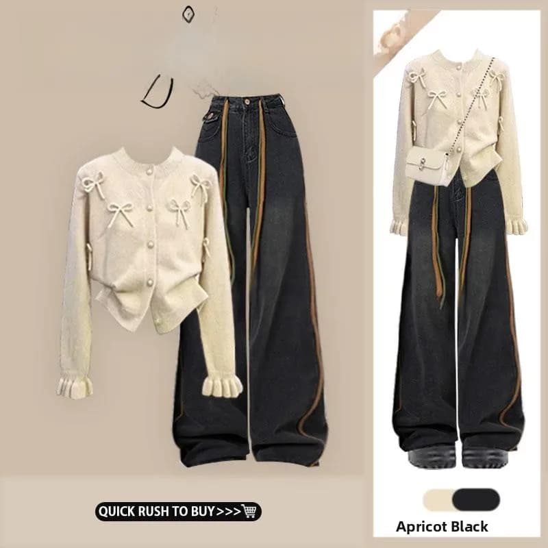 Soft Cozy Knitted Sweater Jacket Women's High Waist Straight Leg Pants Set Knot Design Autumn New Style Fashion Set