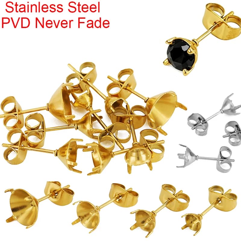 20pcs Hypoallergenic Stainless Steel Stud Earrings Settings Never Fade 5 6 8 mm Cameo Cabochon Zirconia Base Diy Jewelry Making