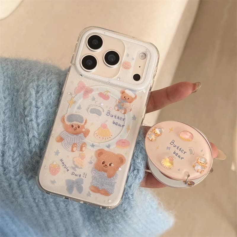 Custodia magnetica per telefono orso cartone animato Kawaii per iPhone 17 Pro 16 15 14 Pro Max Cover con supporto Magsafe Custodie carine 17Pro Capa
