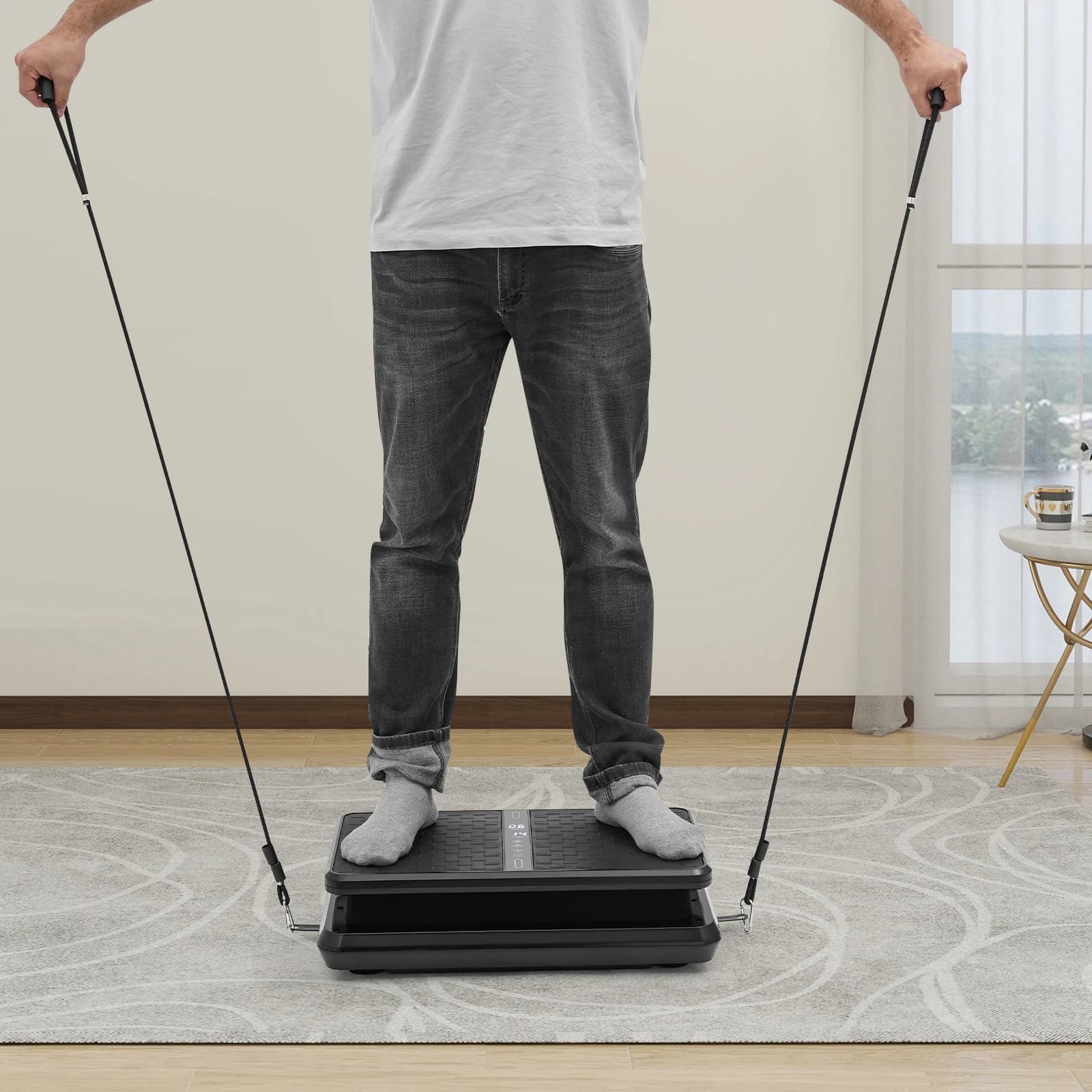 Black, machine for exercises with vibrating plate, vibrating platform, with resistance bands and remote control, to slim the whole body