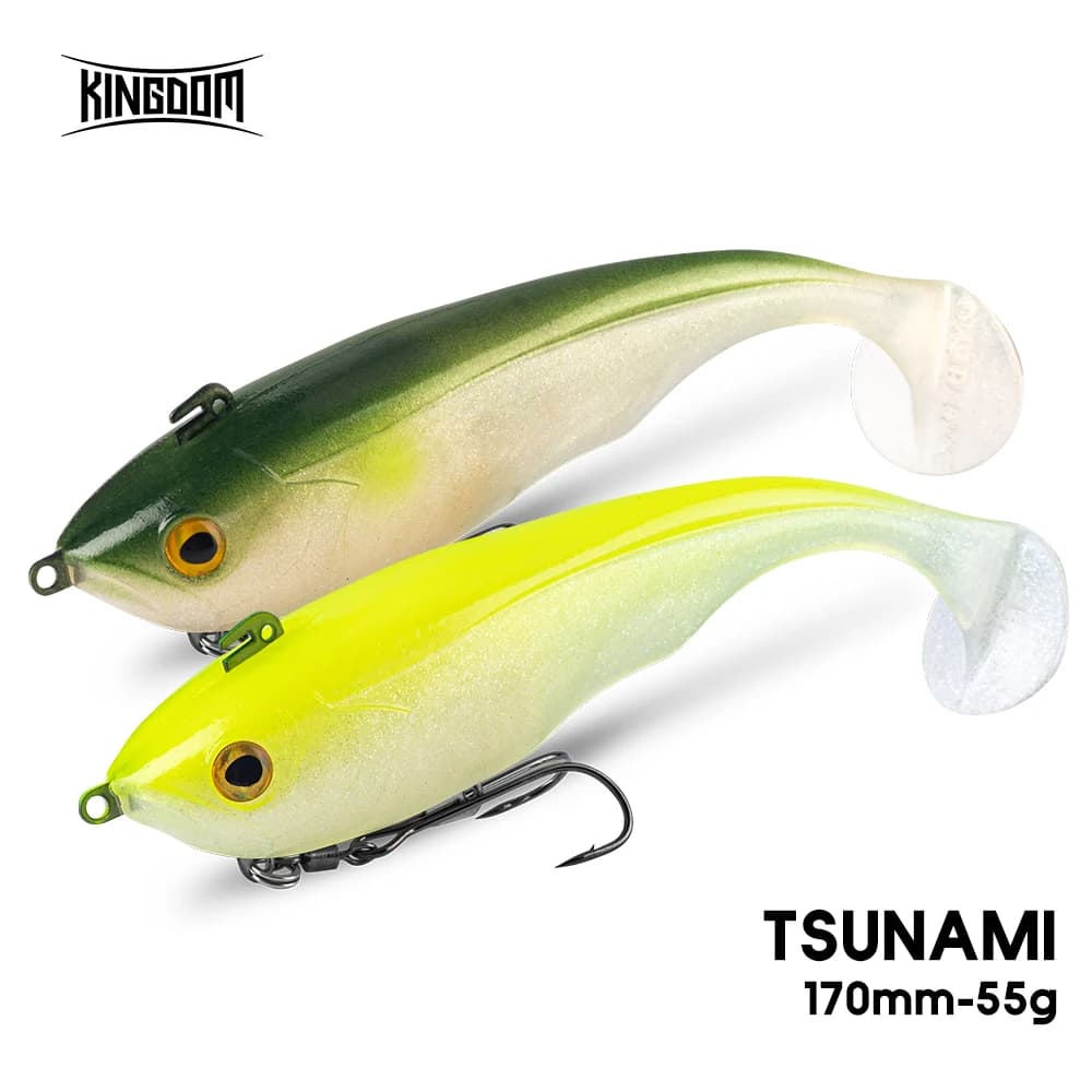 Kingdom Tsunami Soft Bait 170mm 55g Affondante in PVC con Doppio Amo, Esche Artificiali Morbide a Coda a T per la Pesca di Lucci e Persici
