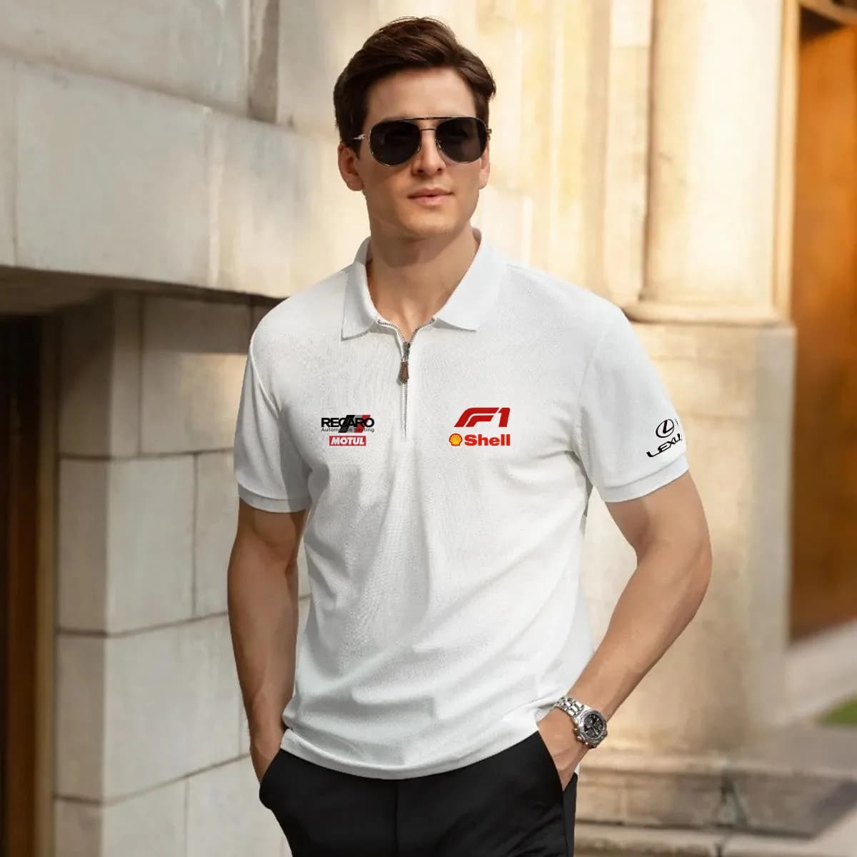 Lexus high-end half zip lapel polo shirt, men's golf suit, summer breathable pearl cotton short sleeved casual T-shirt