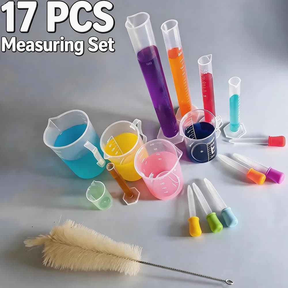 17-Piece Plastic Measuring Cup and Dropper Set with Graduated Transparent Plastic Beakers, Test Tube Cleaning Brush, Laboratory Liquid Measuring Tools, Handmade Baking Essential Oil Mixing Chemical Experiment Measuring Containers
